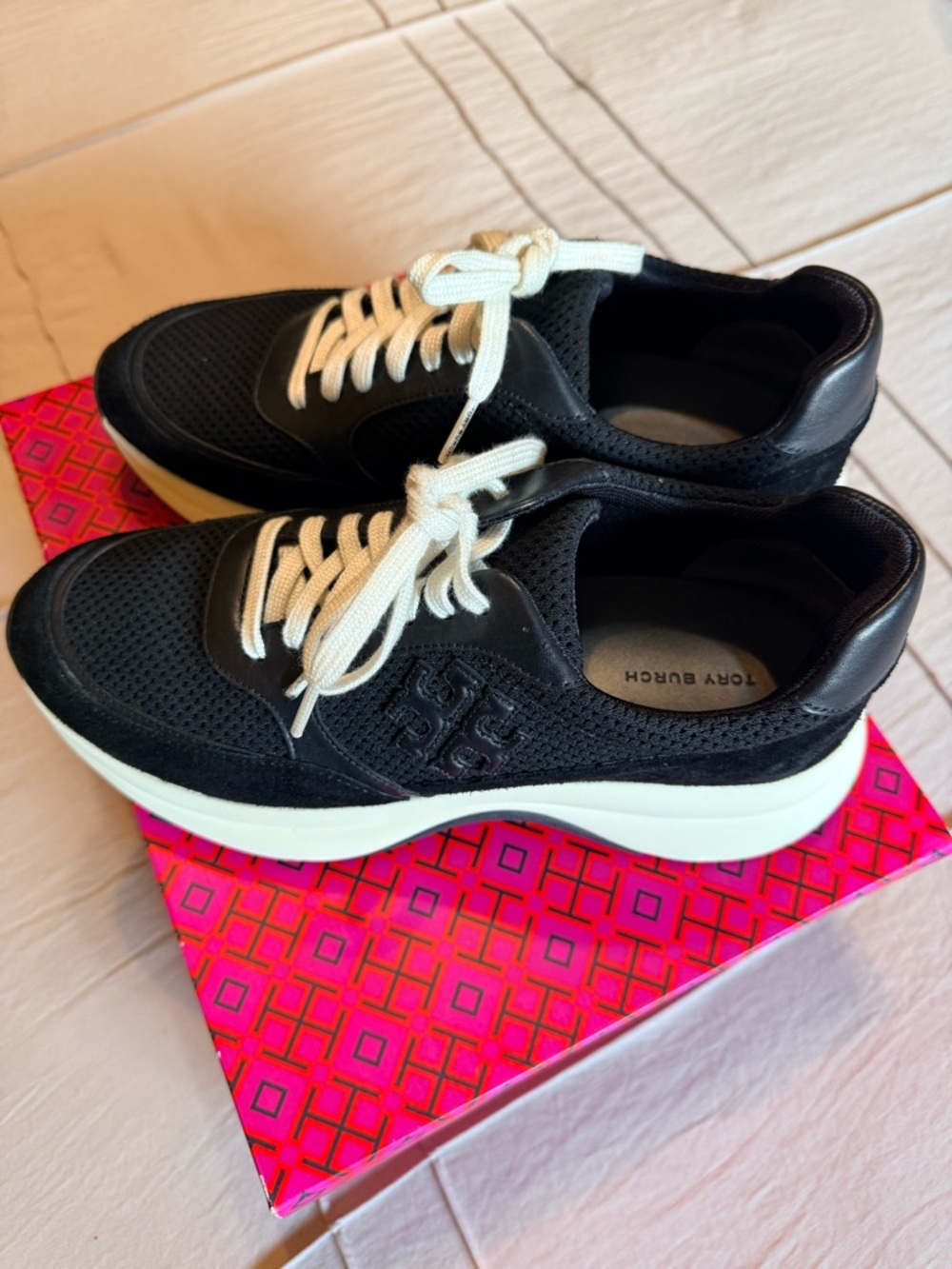 Tory Burch Black and Ivory Kick Trainer Sneakers